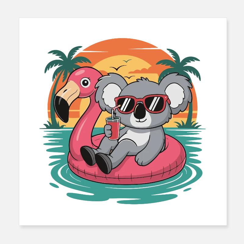 Funny Koala Tropical Summer Flamingo Float Poster 8" x 8" (20x20 cm)