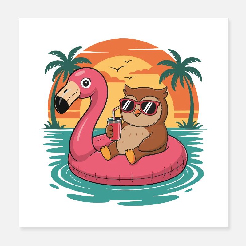 Lustiger Eulen-Tropensommer-Flamingo-Float Poster 20x20 cm