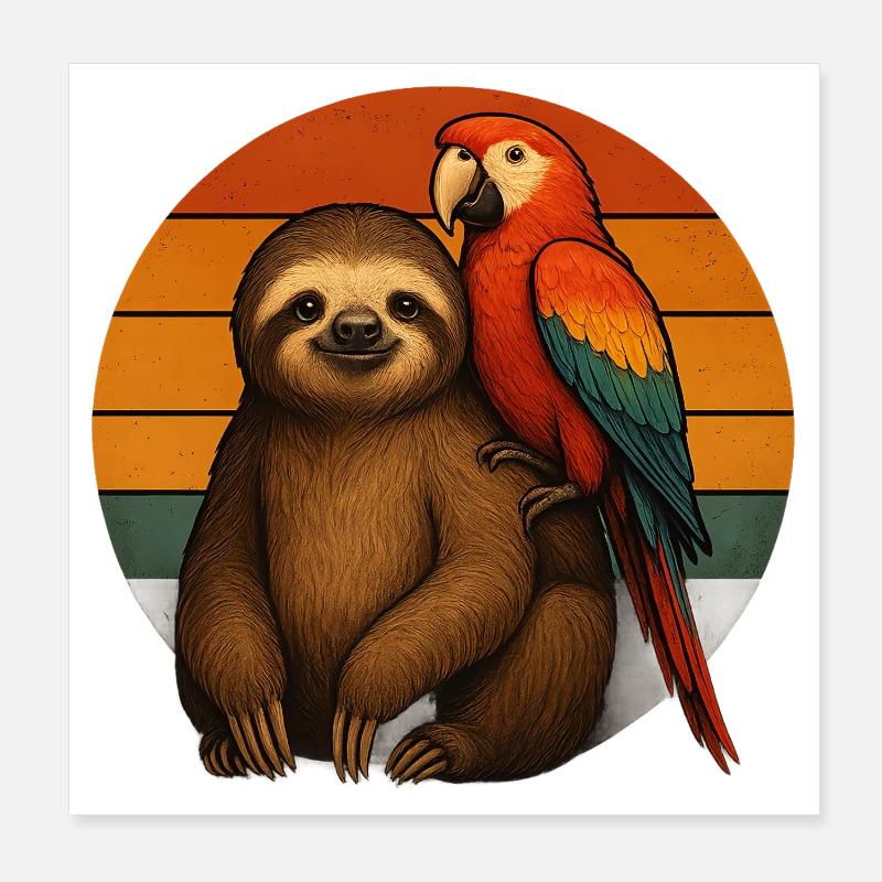 Faultier Papagei Retro Tierfreunde Poster 20x20 cm