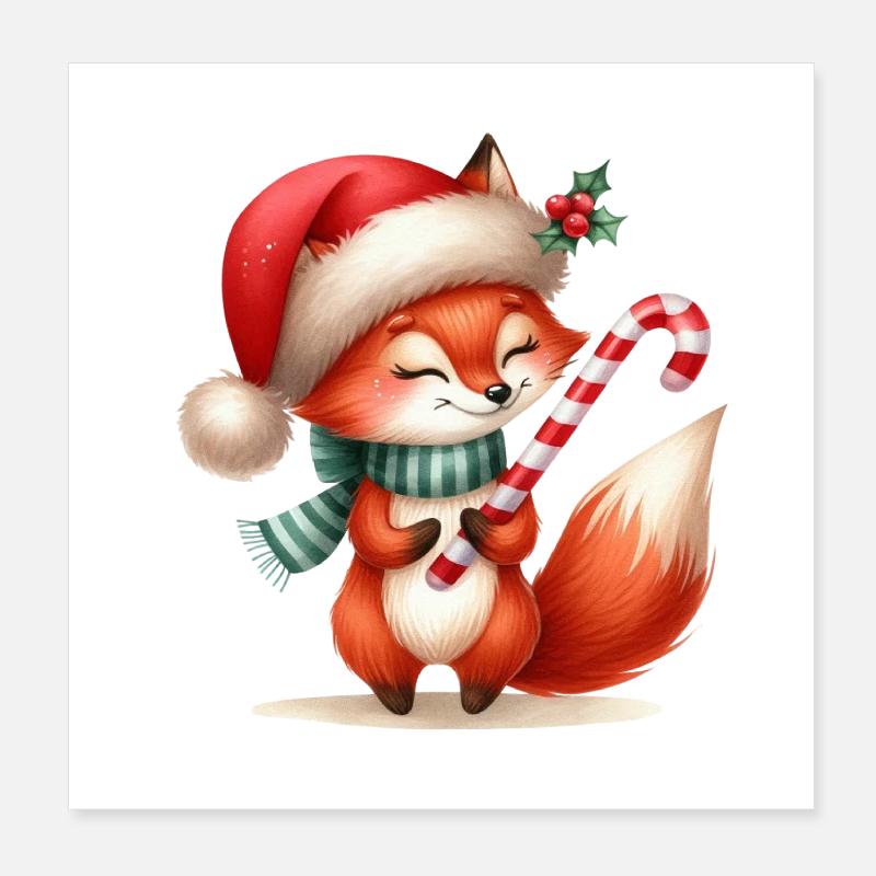Festive Fox with Candy Cane Poster 8" x 8" (20x20 cm)