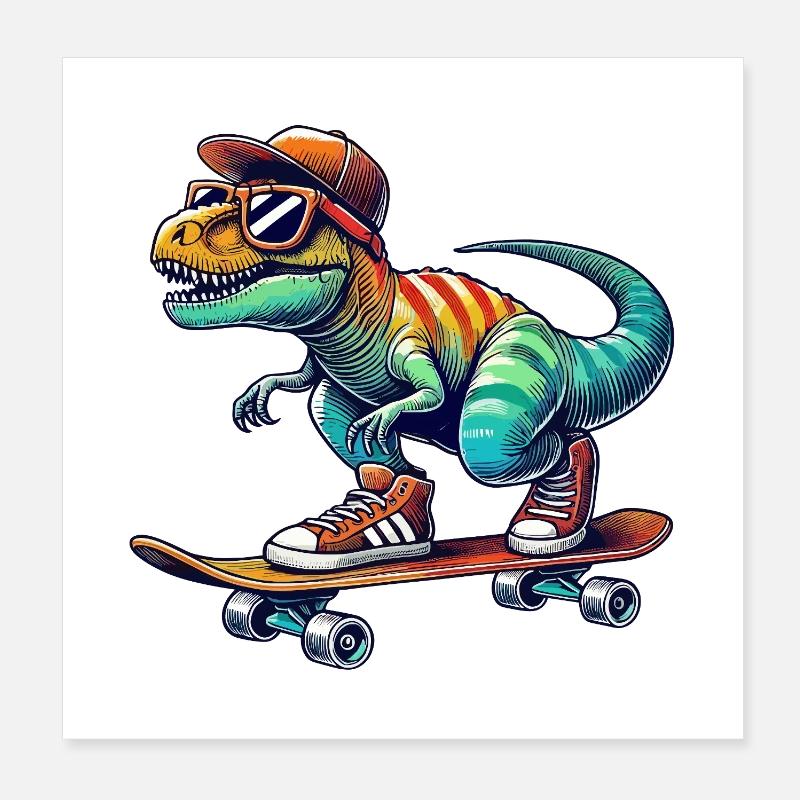 Funny Dinosaur Skating on Skateboard Cartoon Skate Poster 8" x 8" (20x20 cm)