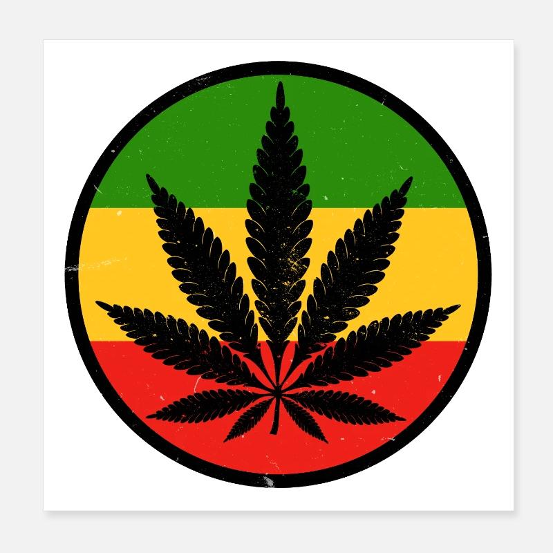 Une feuille de cannabis à l'intérieur d'un cercle rouge jaune vert Poster 20 x 20 cm