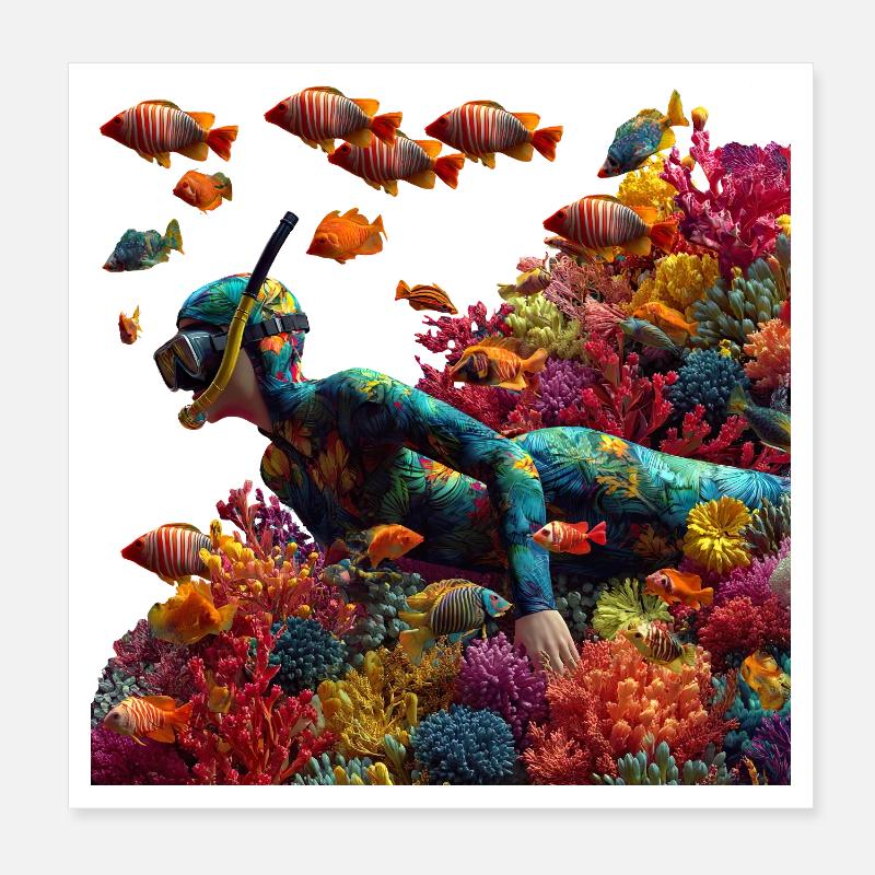 Plongeur sous-marin dans un récif corallien Poster 20 x 20 cm