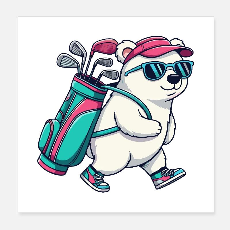 Lustiger Eisbär-Golfer Cartoon Cooles Golftier Poster 20x20 cm