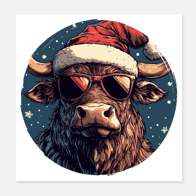 Taureau de bœuf avec chapeau de Père Noël et lunettes de soleil Poster 20 x 20 cm