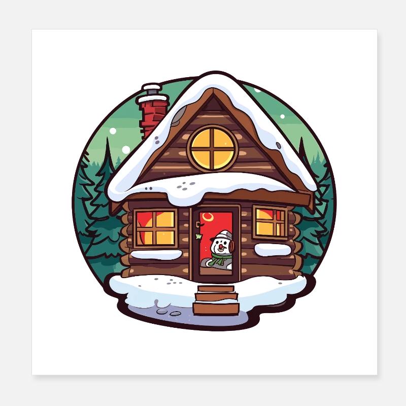 Dessin animé de cabane d’hiver avec chat Poster 20 x 20 cm