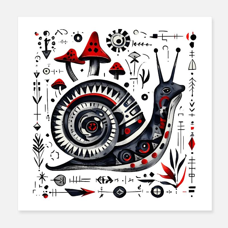 Folk Art Snail with Mushrooms – Retro Design Poster 8" x 8" (20x20 cm)