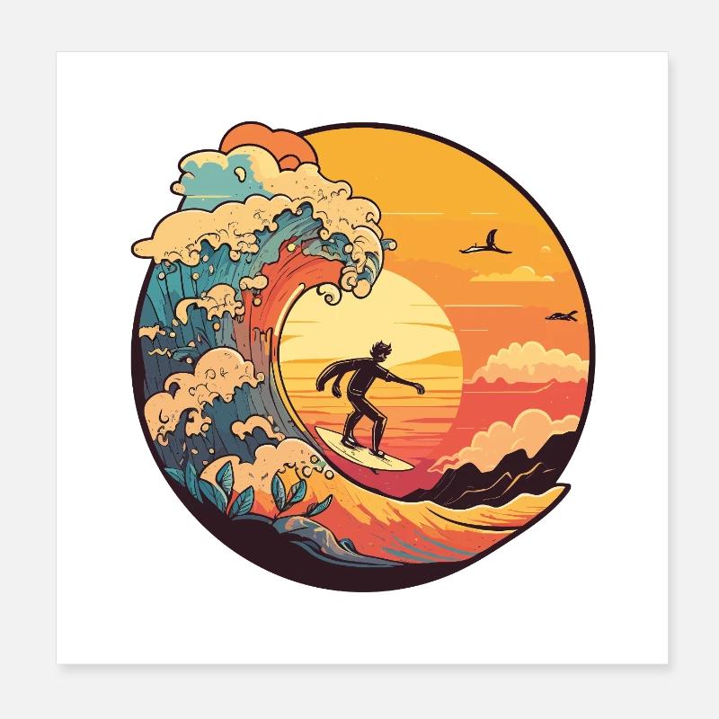 Surfeur de vagues au coucher de soleil à la lumière Poster 20 x 20 cm