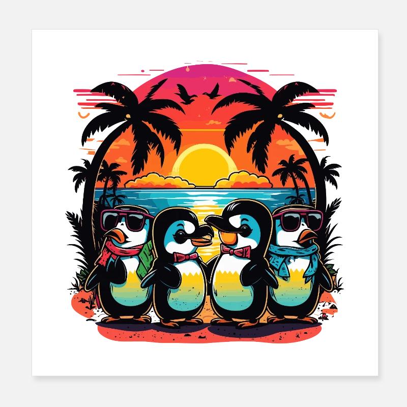 Manchots du coucher de soleil sur la plage de palmiers Poster 20 x 20 cm
