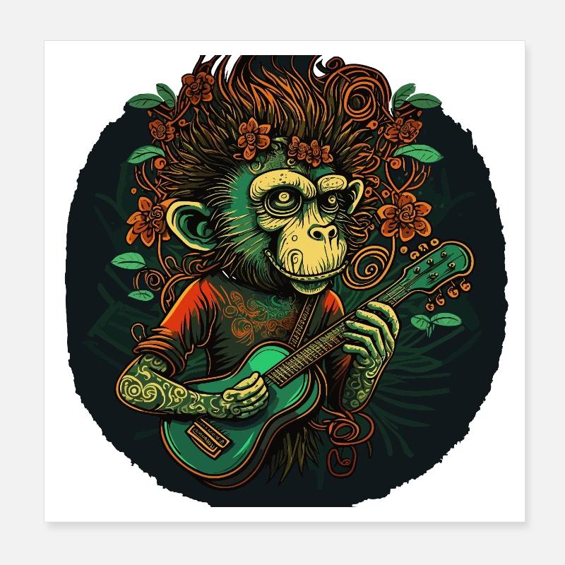Singe avec guitare dans la jungle Poster 20 x 20 cm