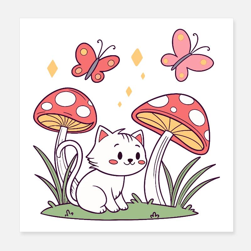Fantaisie de chat champignon Poster 20 x 20 cm