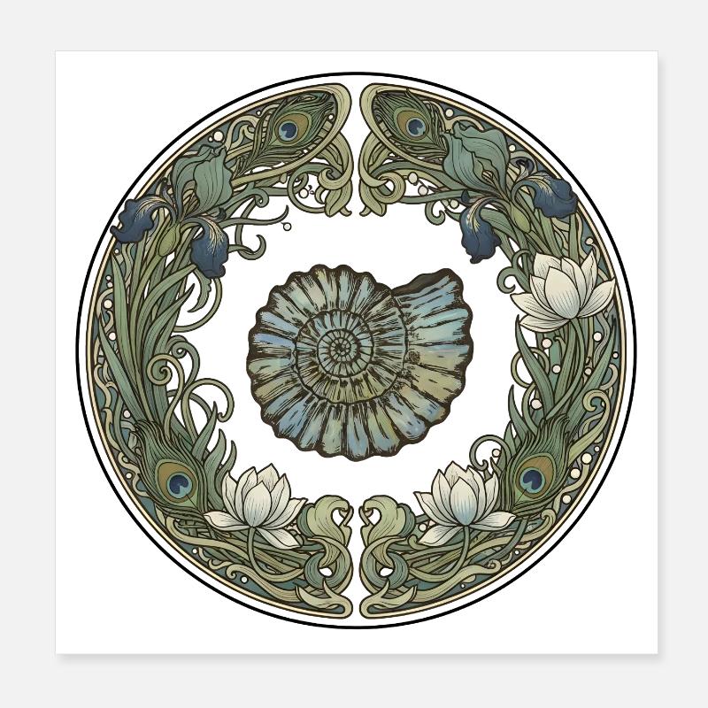 Ammonite Circle Frame with Seagrass Poster 8" x 8" (20x20 cm)