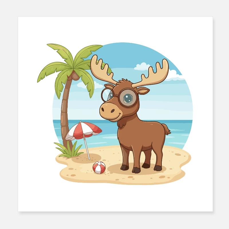 Vacances d’été sur la plage de l’orignal mignon avec des lunettes Poster 20 x 20 cm