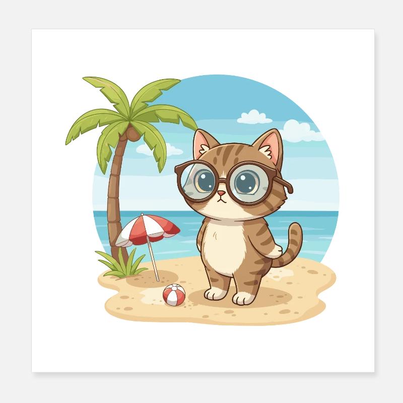 Cute Cat with Glasses Beach Summer Vacation Poster 8" x 8" (20x20 cm)