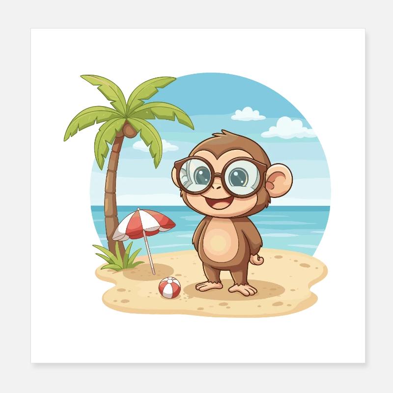 Cute Monkey with Glasses Beach Summer Vacation Poster 8" x 8" (20x20 cm)