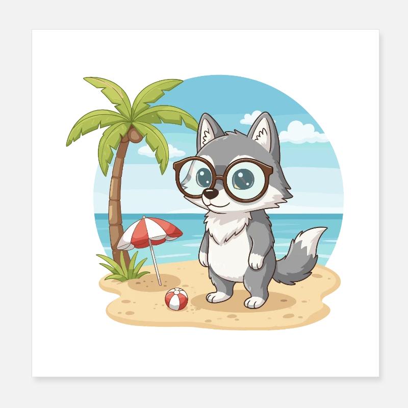 Vacances d’été sur la plage du Loup Mignon aux Lunettes Poster 20 x 20 cm