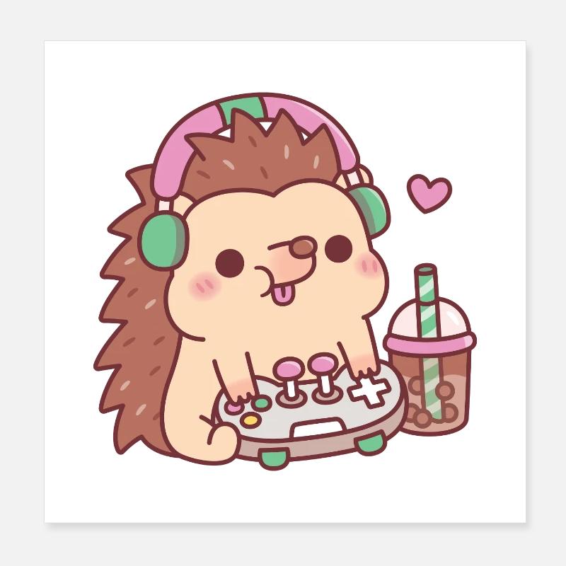 Cute Hedgehog With Game Controller And Boba Tea Poster 8" x 8" (20x20 cm)