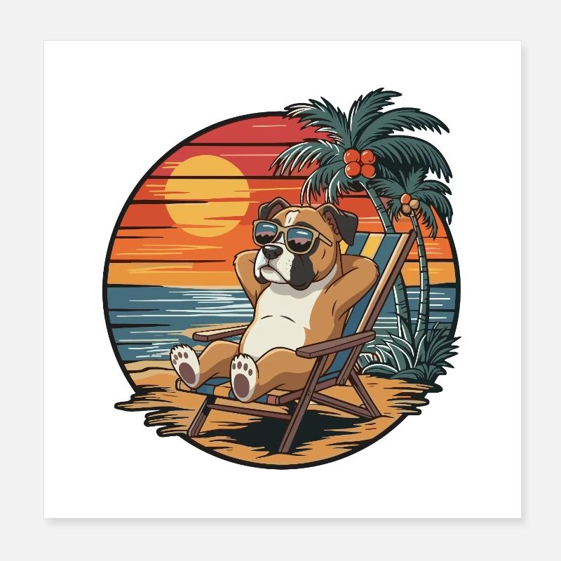 Chien boxer drôle sur le coucher de soleil des vacances d’été sur la plage Poster 20 x 20 cm