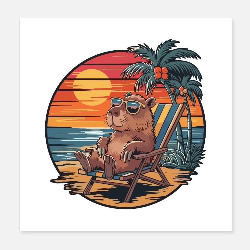 Capybara drôle sur la plage Coucher de soleil des vacances d’été Poster 20 x 20 cm