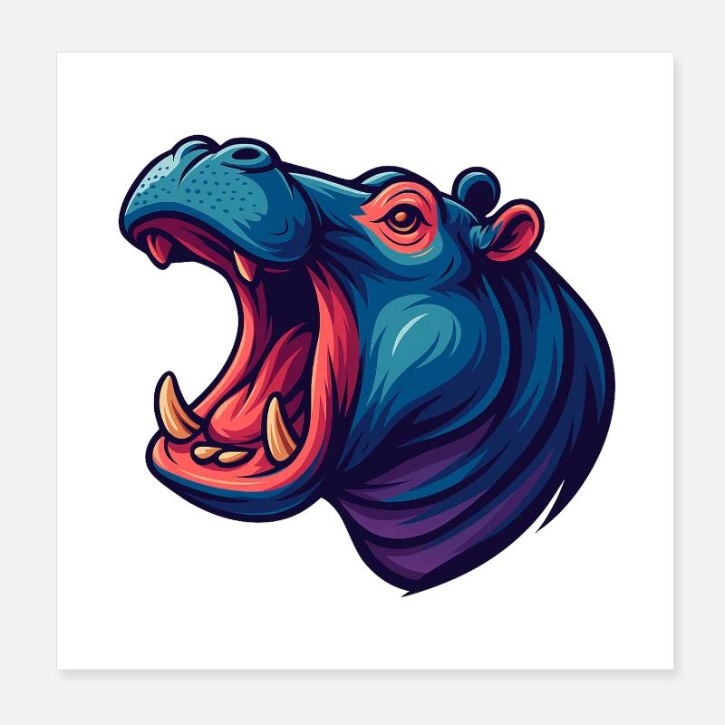 Hippopotame néon avec le museau ouvert Poster 20 x 20 cm