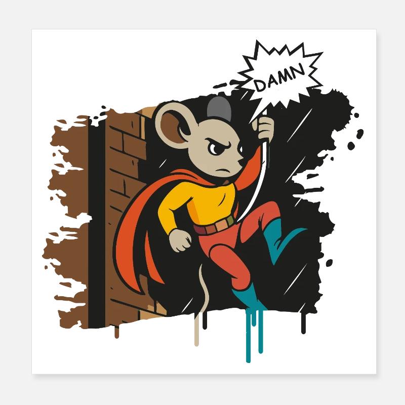 Superhero Mouse on Rope Comic Cartoon Poster 8" x 8" (20x20 cm)