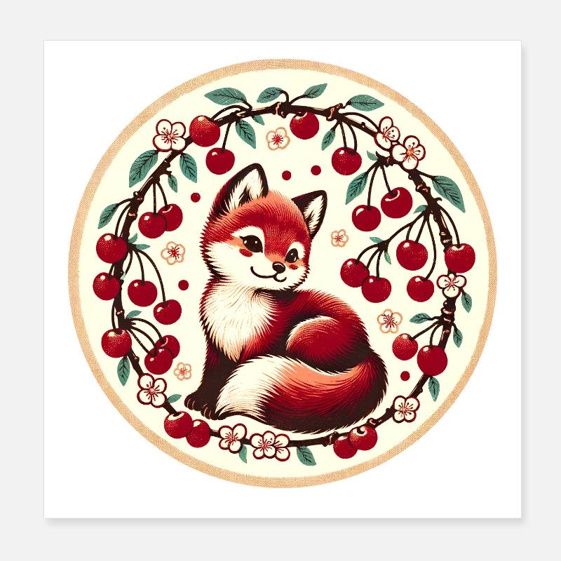 Cherry Ring Fox Vintage Circle Poster 20x20 cm