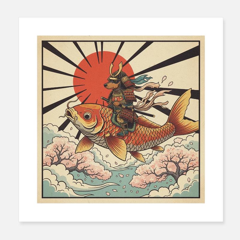 Poisson koi géant chevauché samouraï teckel japonais Poster 20 x 20 cm