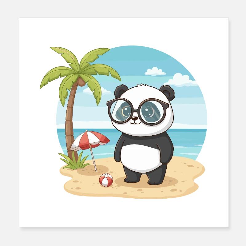 Vacances d’été sur la plage avec un panda mignon aux lunettes Poster 20 x 20 cm