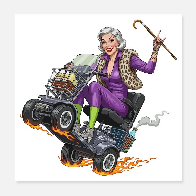 Granny purple on racing mobility scooter - Poster 8" x 8" (20x20 cm) - white