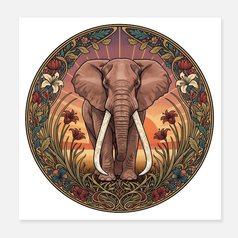 Portrait d’éléphant dans un cercle de fleurs Poster 20 x 20 cm