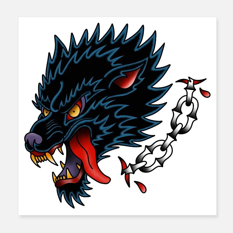 Black Wolf Old School Tattoo-Design Poster 20x20 cm