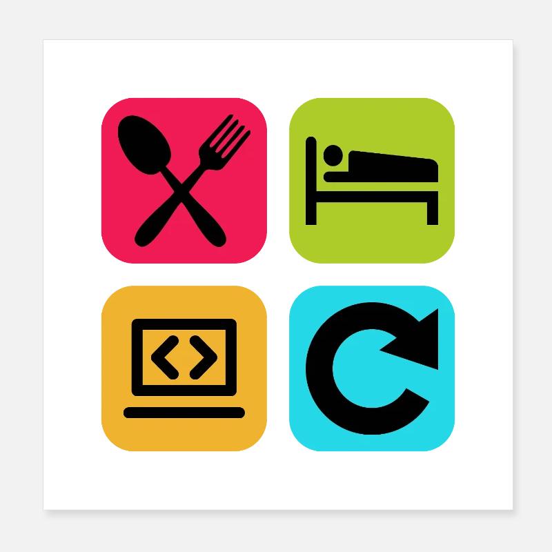 Essen, schlaf, Programm wiederholen, lustiger Zitatcode Poster 20x20 cm