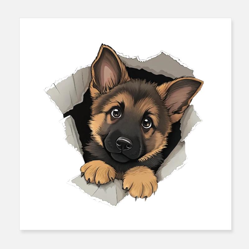 Cute German Shepherd Dog Peeking Ripped Paper Hole Poster 8" x 8" (20x20 cm)