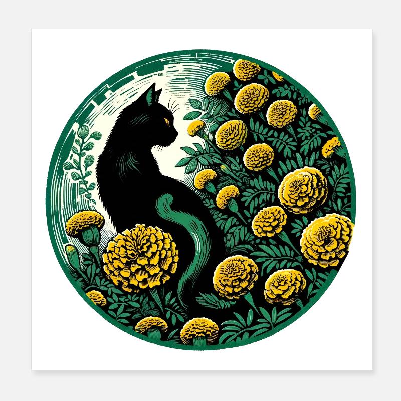 Chat de Minuit parmi les Soucis dorés Poster 20 x 20 cm