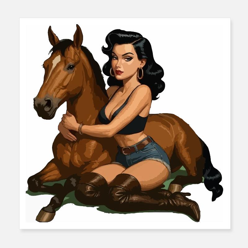 Pin-up Cavalier avec Cheval Poster 20 x 20 cm