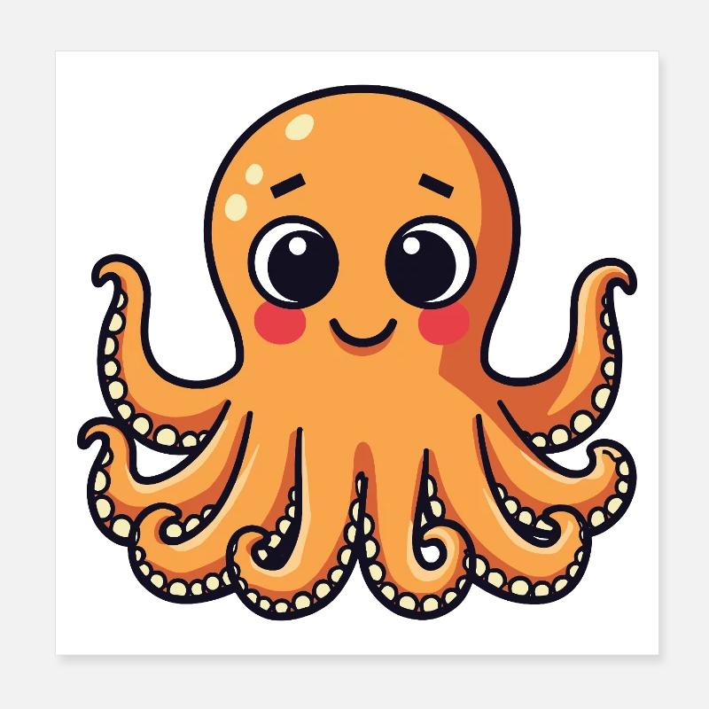 Cute Squid Smiling Octopus Kawaii Poster 8" x 8" (20x20 cm)