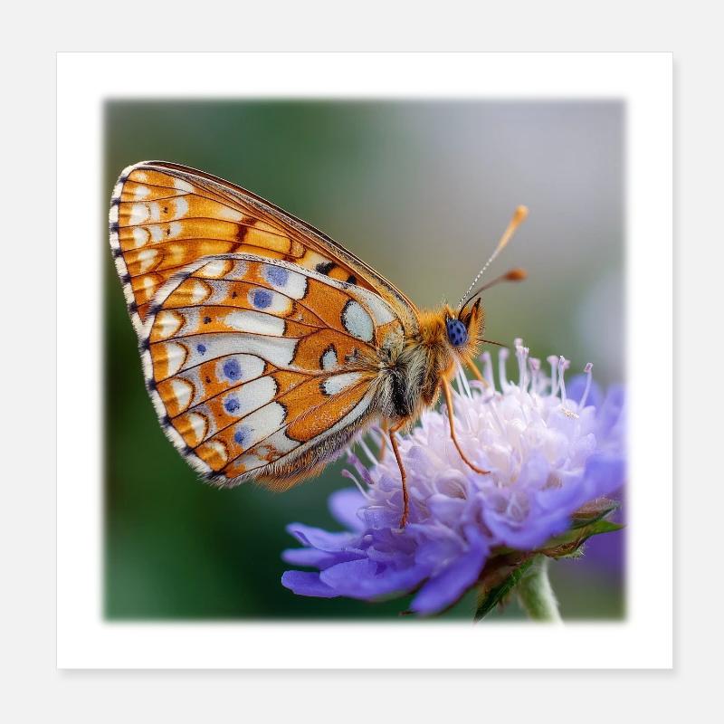 Papillon nacre sur macro fleur violette Poster 20 x 20 cm