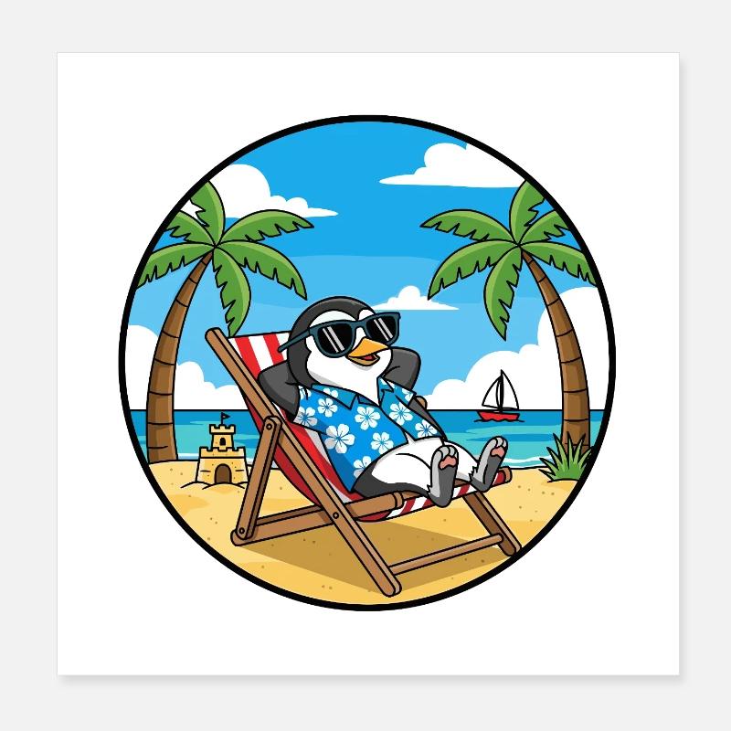 Cool Penguin Beach Vacation Summer Vibes Poster 8" x 8" (20x20 cm)