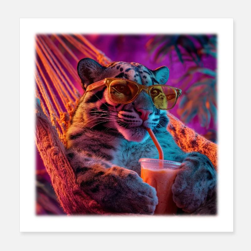 Chilled Leopard Hammock Neon Style Poster 8" x 8" (20x20 cm)