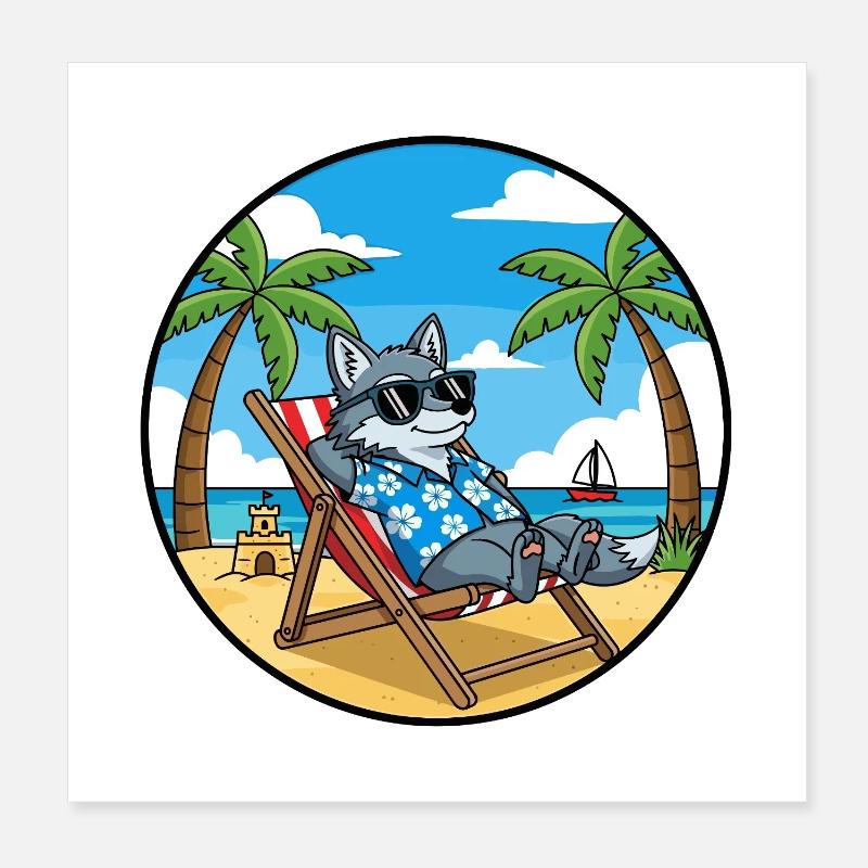 Cool Wolf Beach Vacation Summer Vibes Poster 8" x 8" (20x20 cm)