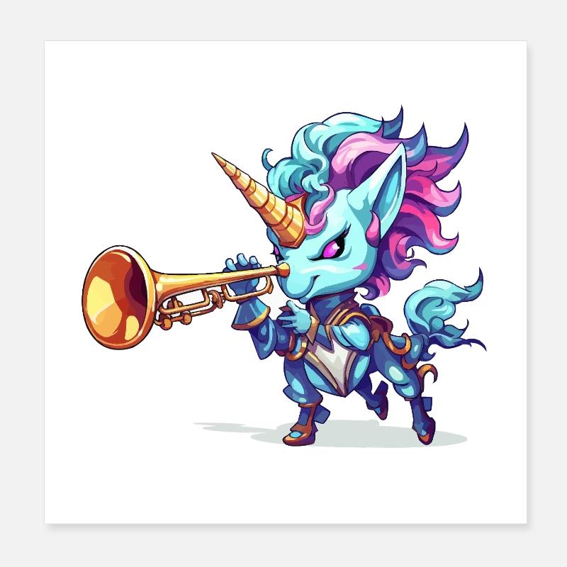 Blaues Einhorn mit Trompete Poster 20x20 cm