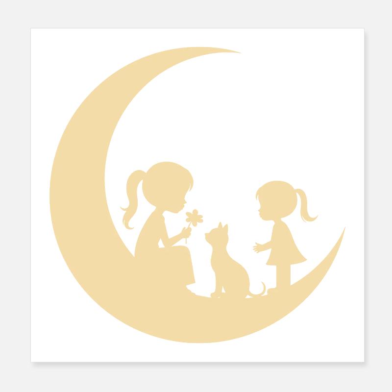 Mädchen Blume Katze auf dem Mond Silhouette Poster 20x20 cm