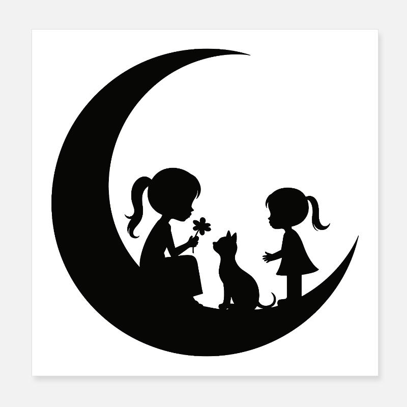 Mädchen Blume Katze auf dem Mond Silhouette Poster 20x20 cm