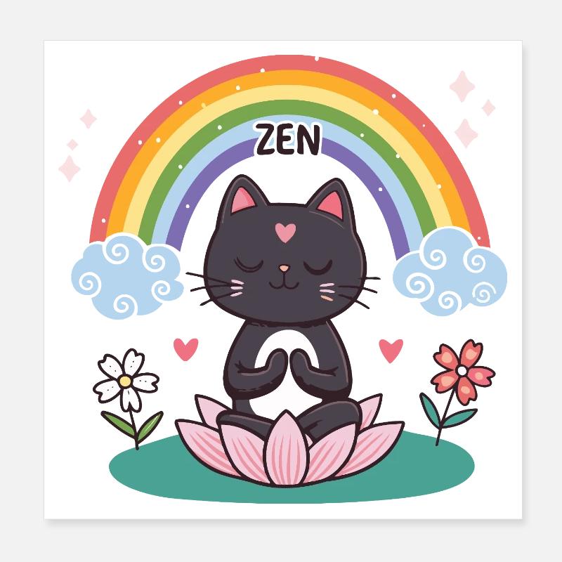 Chat Zen sur Lotus et Arc en ciel Poster 20 x 20 cm