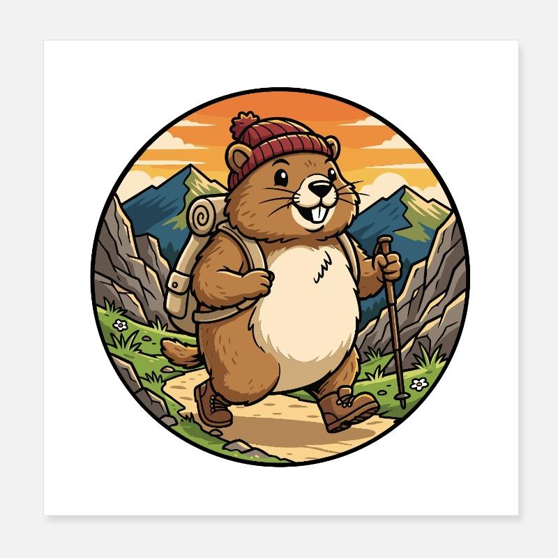 Happy Hiking Marmot Mountain Trail Art Poster 8" x 8" (20x20 cm)