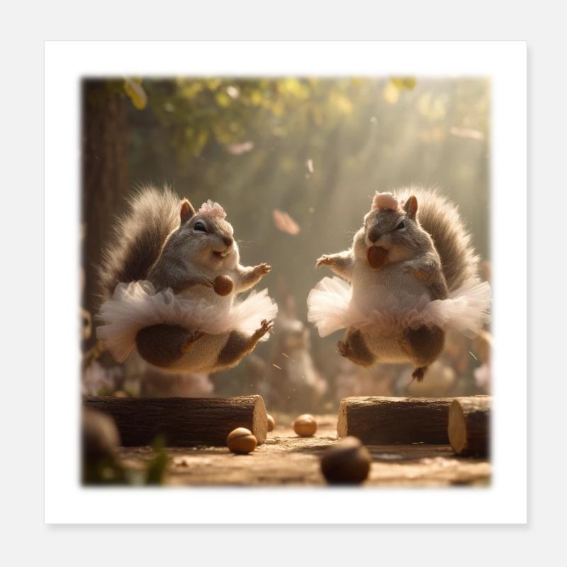 Tanzende Eichhörnchen im Tutu mit Eicheln Poster 20x20 cm