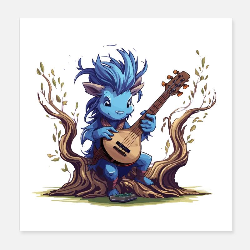 Blue leprechaun with lute in the forest Poster 8" x 8" (20x20 cm)