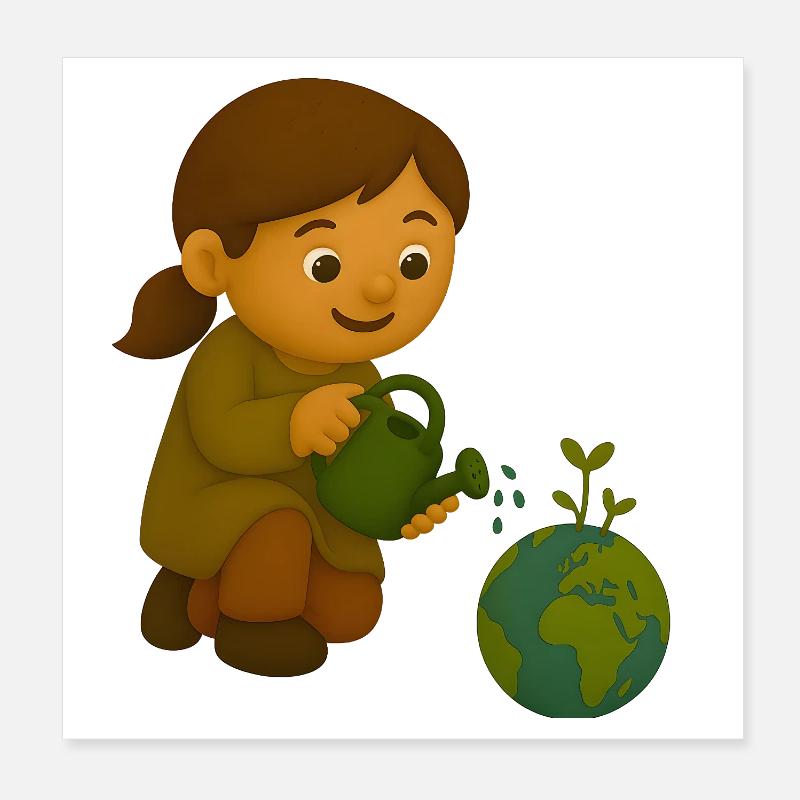 Little environmentalist pouring globe Poster 8" x 8" (20x20 cm)