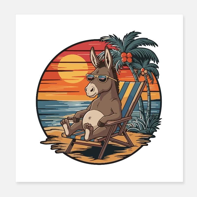Funny Donkey on Beach Summer Vacation Sunset Poster 8" x 8" (20x20 cm)