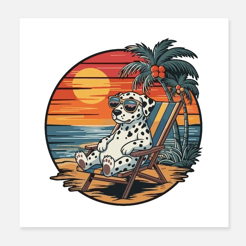 Funny Dalmatian Dog on Beach Summer Sunset Poster 8" x 8" (20x20 cm)